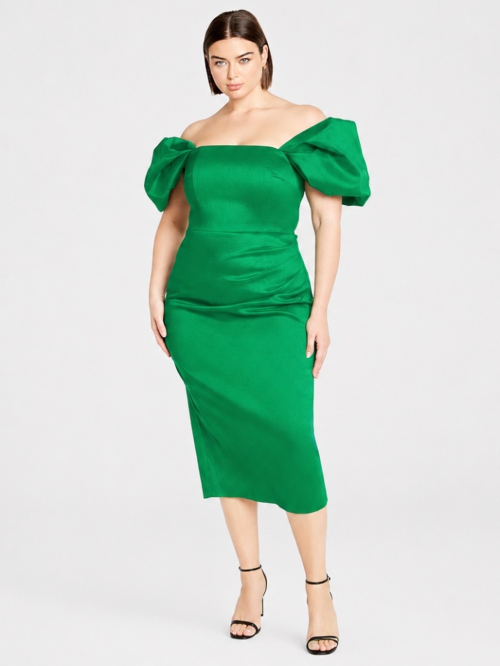 NWT City Chic Elyse Emerald Green Off-Shoulder Puff-Sleeve Midi Dress 20
